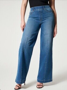 Spanx Seamed Front Wide Leg Jeans Vintage Indigo Wash